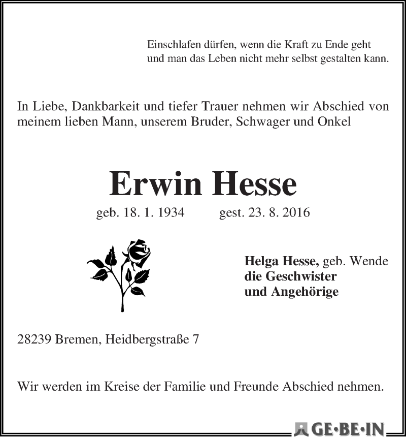 Traueranzeige von Erwin Hesse von WESER-KURIER