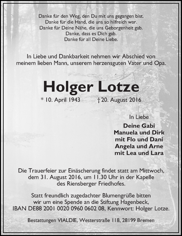 Traueranzeige von Holger Lotze von WESER-KURIER