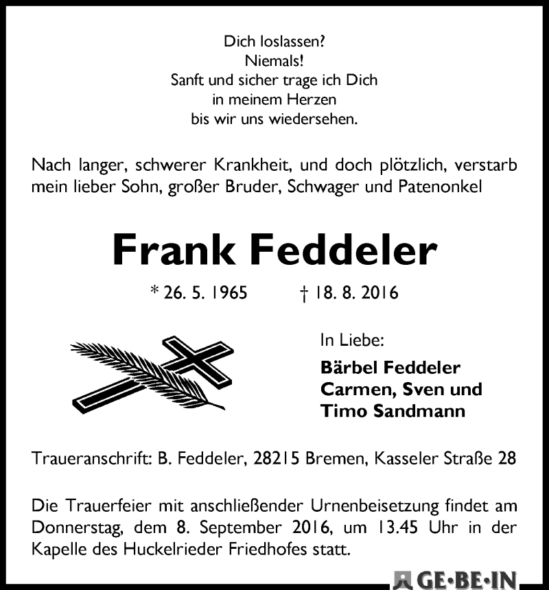 Traueranzeige von Frank Feddeler von WESER-KURIER