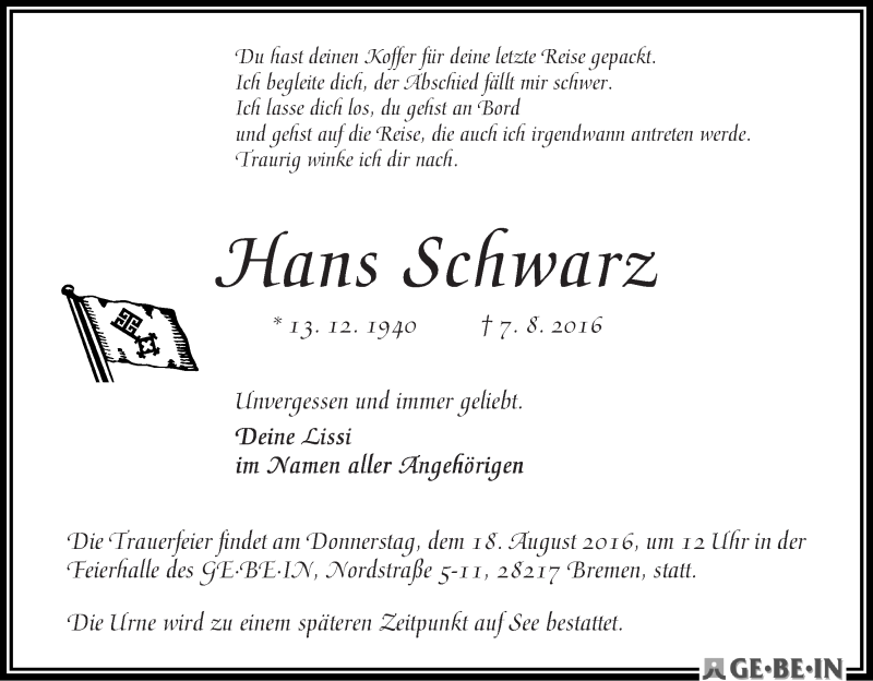 Traueranzeige von Hans Schwarz von WESER-KURIER