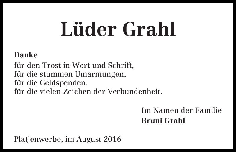 Traueranzeige von Lüder Grahl von Die Norddeutsche