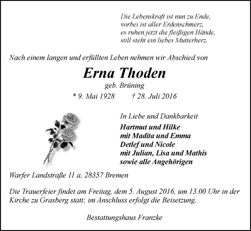 Traueranzeige von Erna Thoden von Wuemme Zeitung
