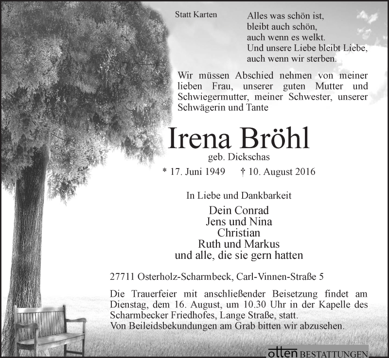 Traueranzeige von Irena Bröhl von Osterholzer Kreisblatt