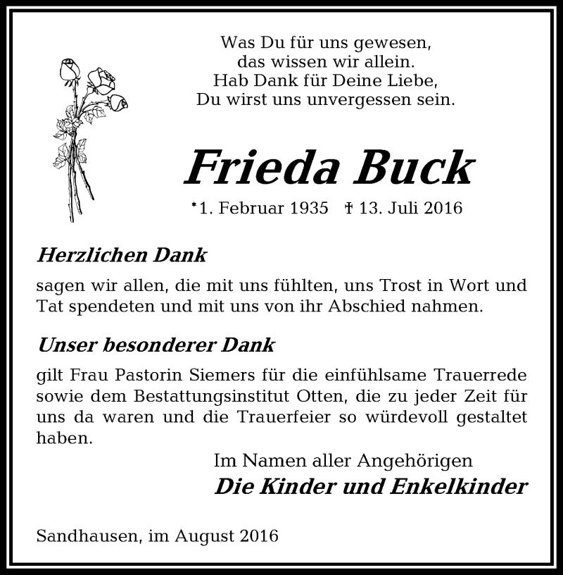 Traueranzeige von Frieda Buck von Osterholzer Kreisblatt