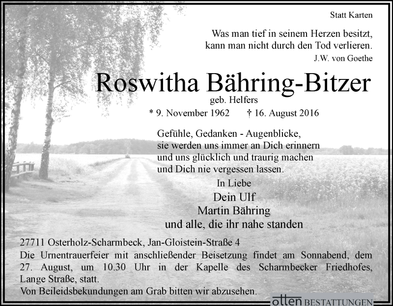 Traueranzeige von Roswitha Bähning-Bitzer von Osterholzer Kreisblatt
