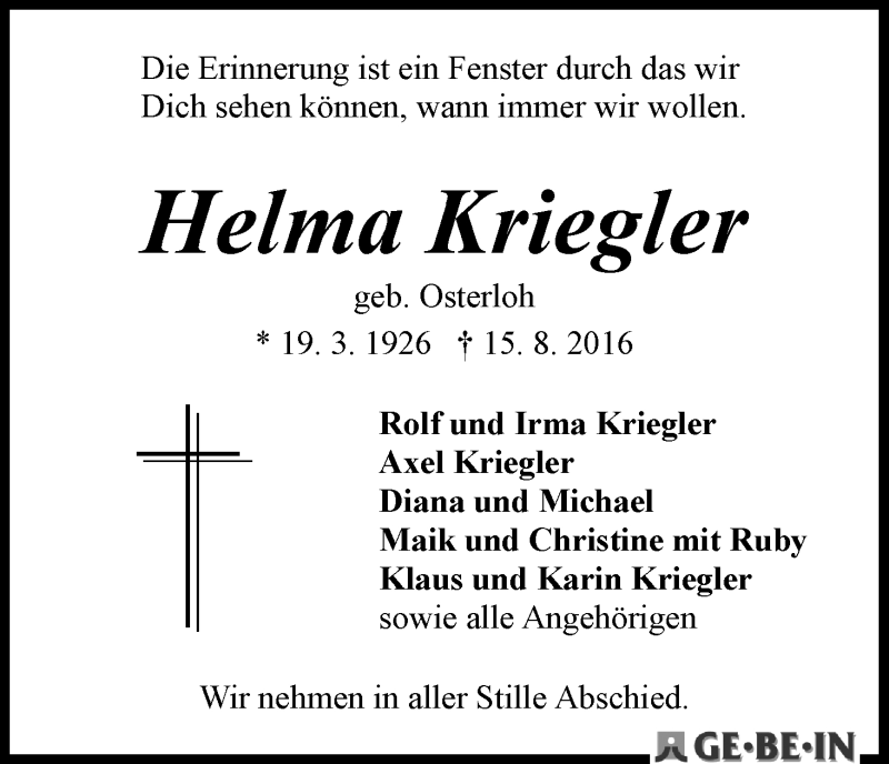 Traueranzeige von Helma Kriegler von WESER-KURIER