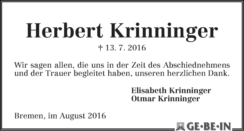 Traueranzeige von Herbert Krinninger von WESER-KURIER
