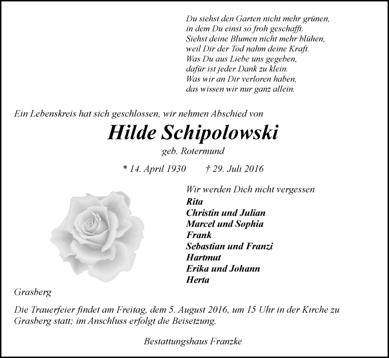 Traueranzeige von Hilde Schipolowski von Wuemme Zeitung