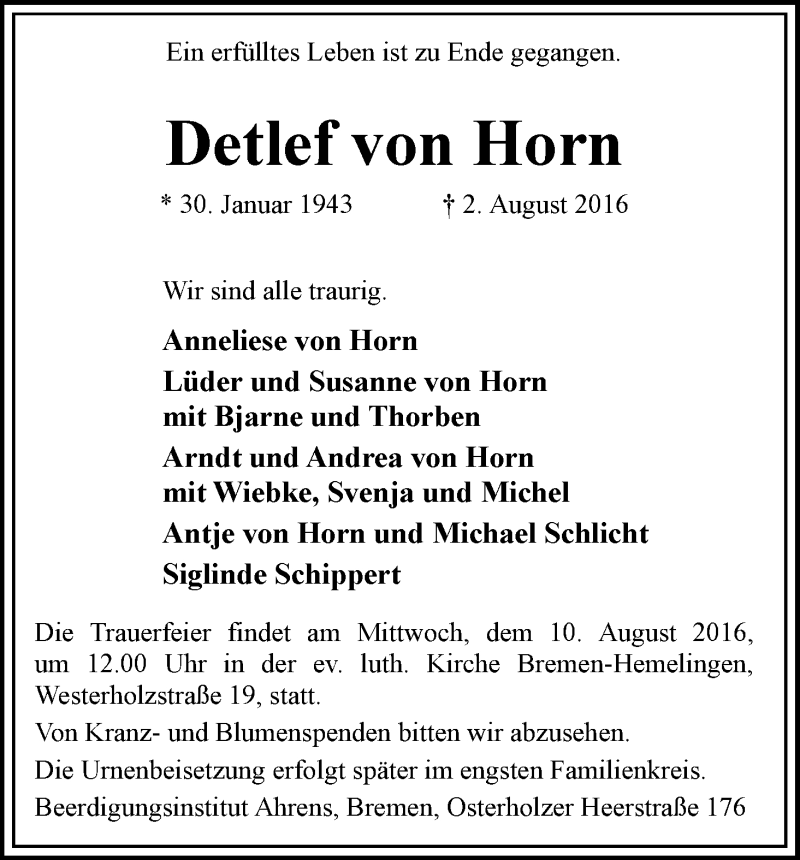  Traueranzeige für Detlef von Horn vom 06.08.2016 aus WESER-KURIER
