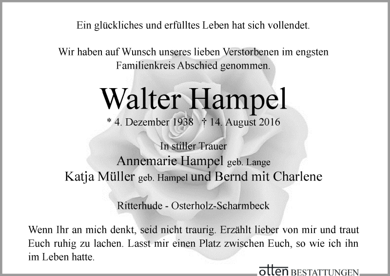 Traueranzeige von Walter Hampel von Osterholzer Kreisblatt