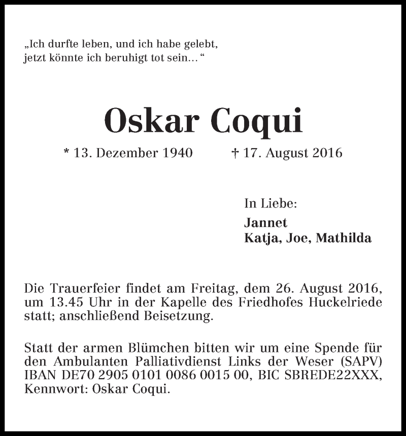 Traueranzeige von Oskar Coqui von WESER-KURIER