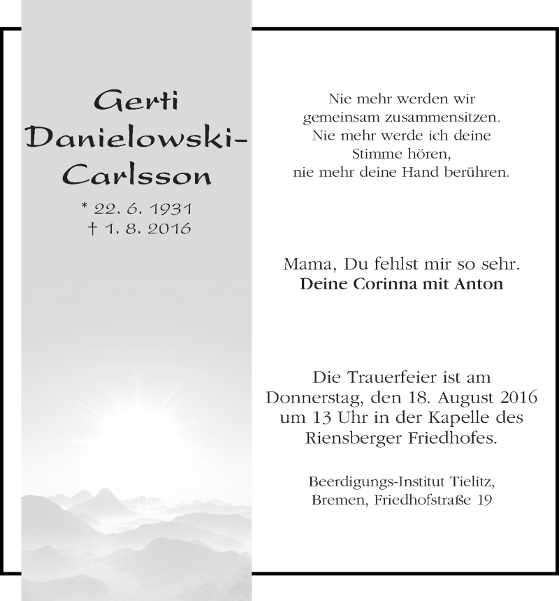 Traueranzeige von Gerti Danielowski-Carlsson von WESER-KURIER