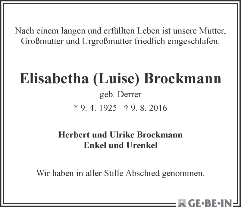 Traueranzeige von Elisabetha (Luise) Brockmann von WESER-KURIER
