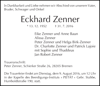 Traueranzeige von Eckhard Zenner