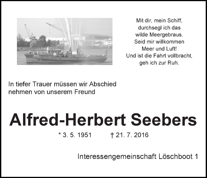 Traueranzeige von Alfred-Herbert Seebers von Die Norddeutsche