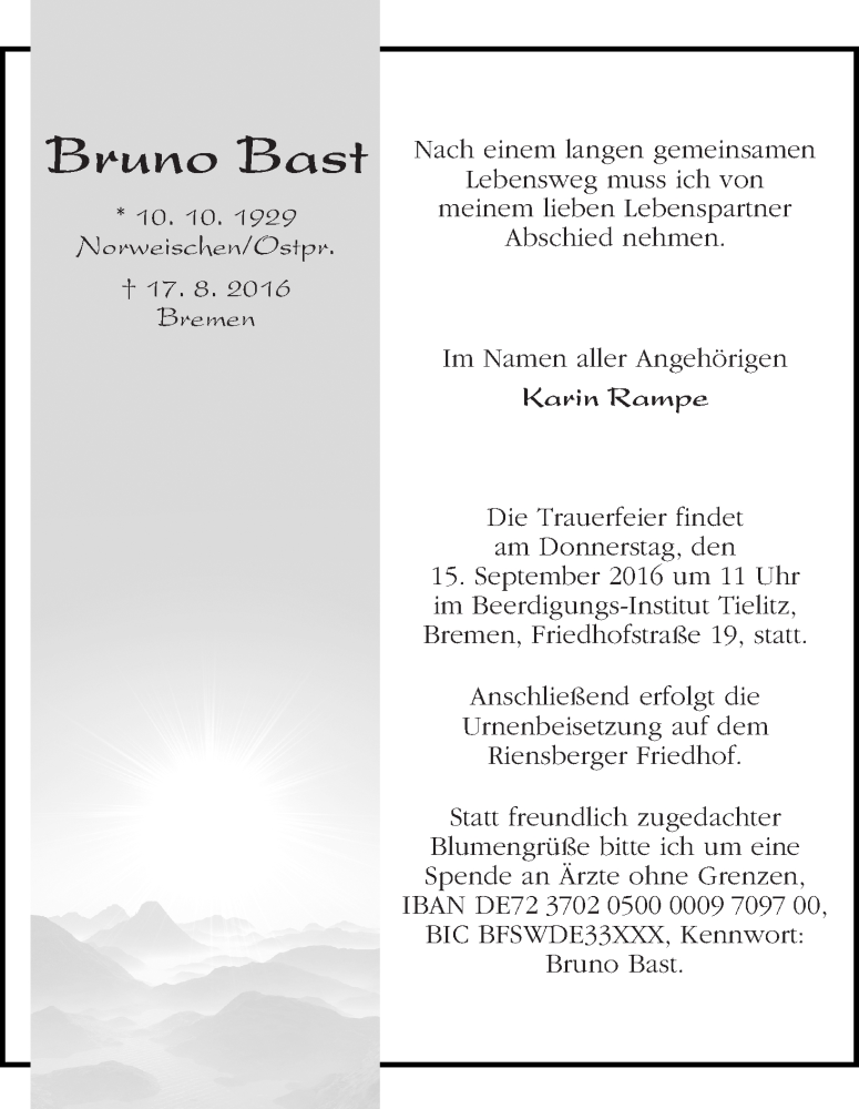 Traueranzeige von Bruno Bast von WESER-KURIER
