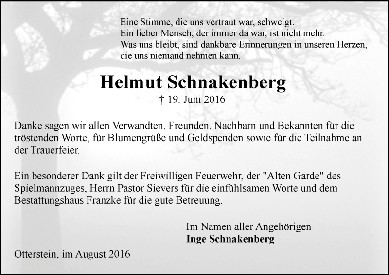 Traueranzeige von Helmut Schnakenberg von Wuemme Zeitung