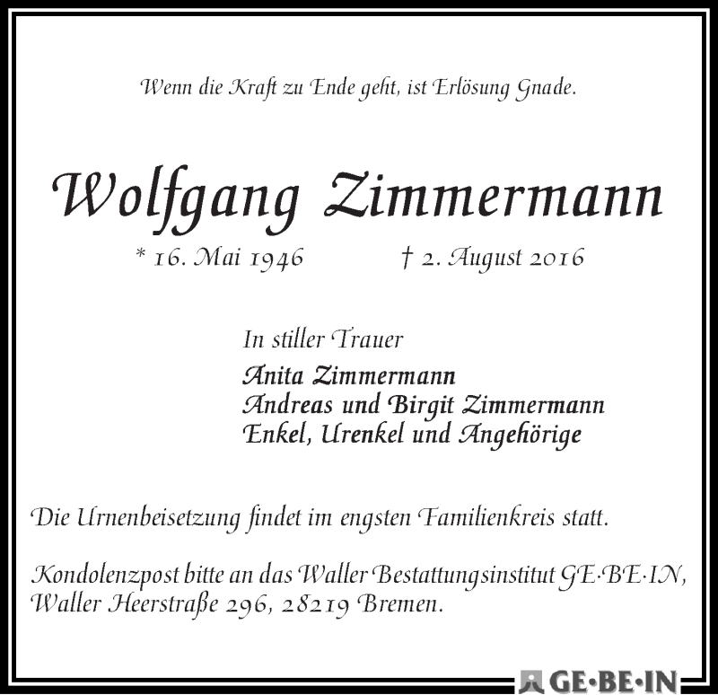 Traueranzeige von Wolfgang Zimmermann von WESER-KURIER