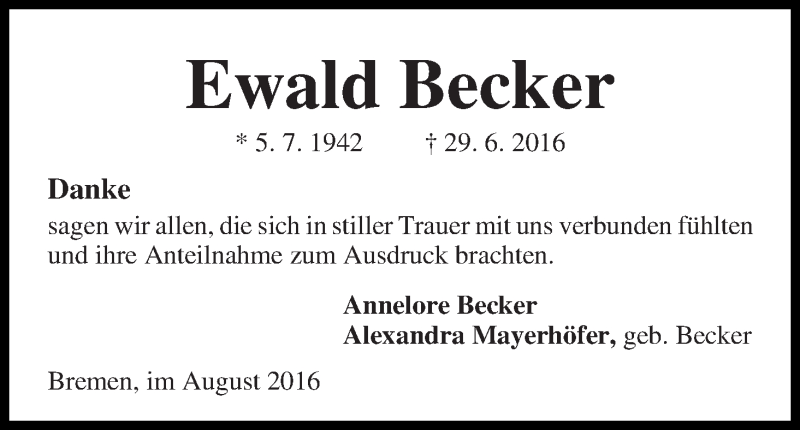 Traueranzeige von Ewald Becker von WESER-KURIER