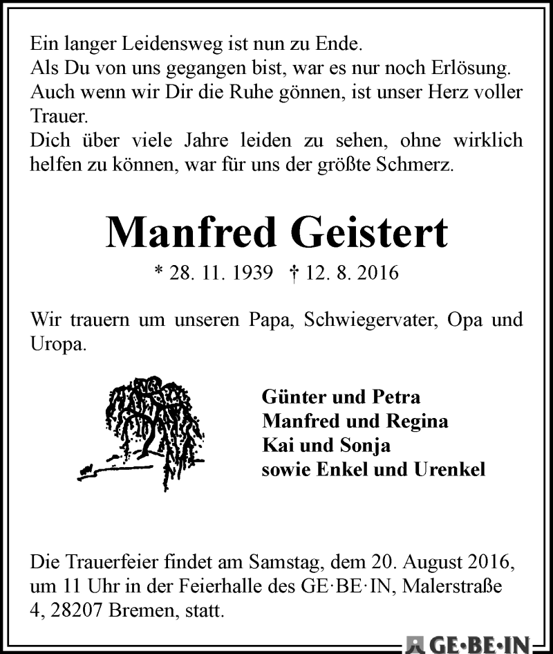 Traueranzeige von Manfred Geistert von WESER-KURIER