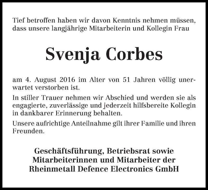 Traueranzeige von Svenja Corbes von WESER-KURIER
