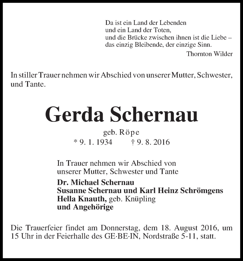 Traueranzeige von Gerda Schernau von WESER-KURIER