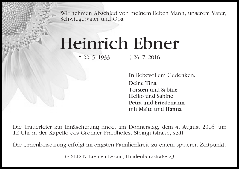 Traueranzeige von Heinrich Ebner von Die Norddeutsche