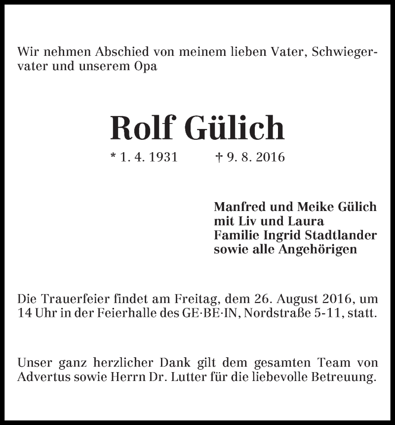 Traueranzeige von Rolf Gülich von WESER-KURIER