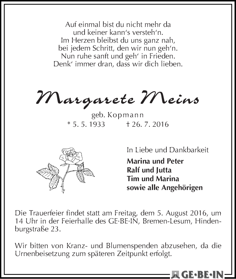 Traueranzeige von Margarete Meins von Die Norddeutsche