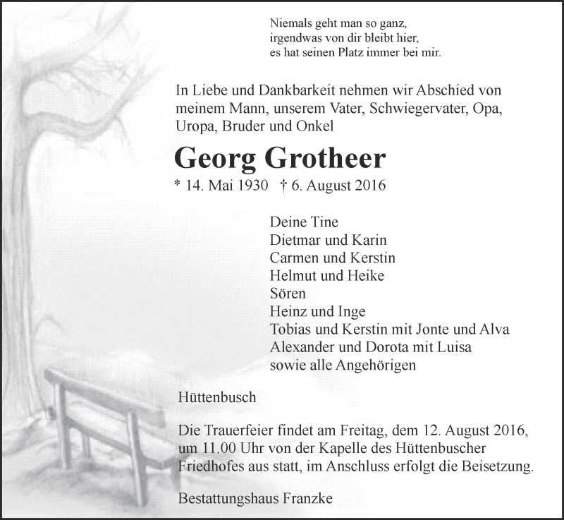 Traueranzeige von Georg Grotheer von Wuemme Zeitung