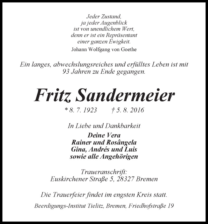 Traueranzeige von Fritz Sandermeier von WESER-KURIER