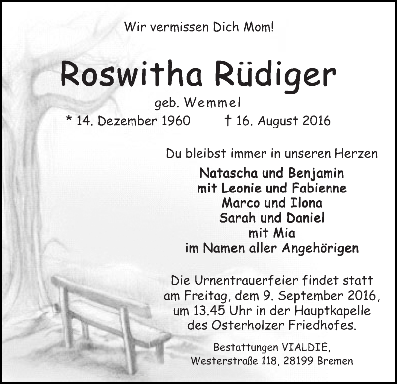 Traueranzeige von Roswitha Rüdiger von WESER-KURIER