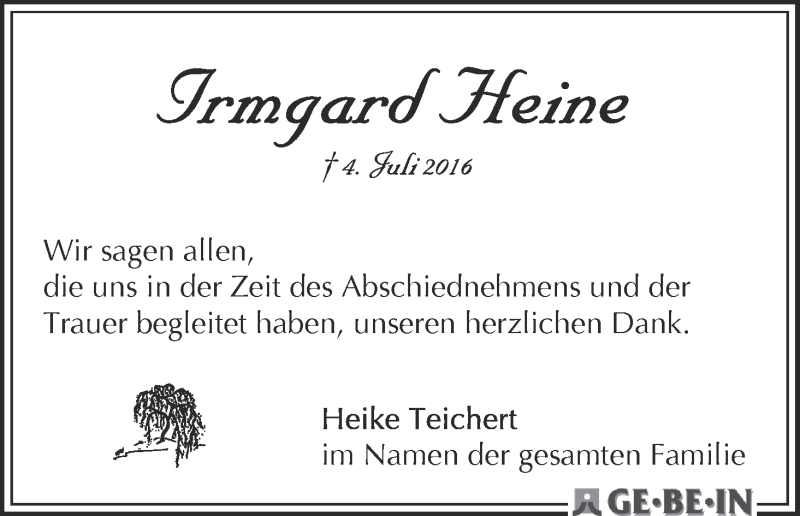 Traueranzeige von Irmgard Heine von WESER-KURIER