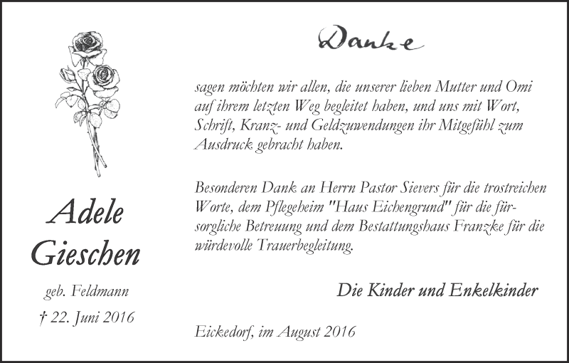 Traueranzeige von Adele Gieschen von Wuemme Zeitung