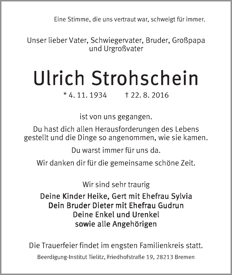 Traueranzeige von Ulrich Strohschein von WESER-KURIER