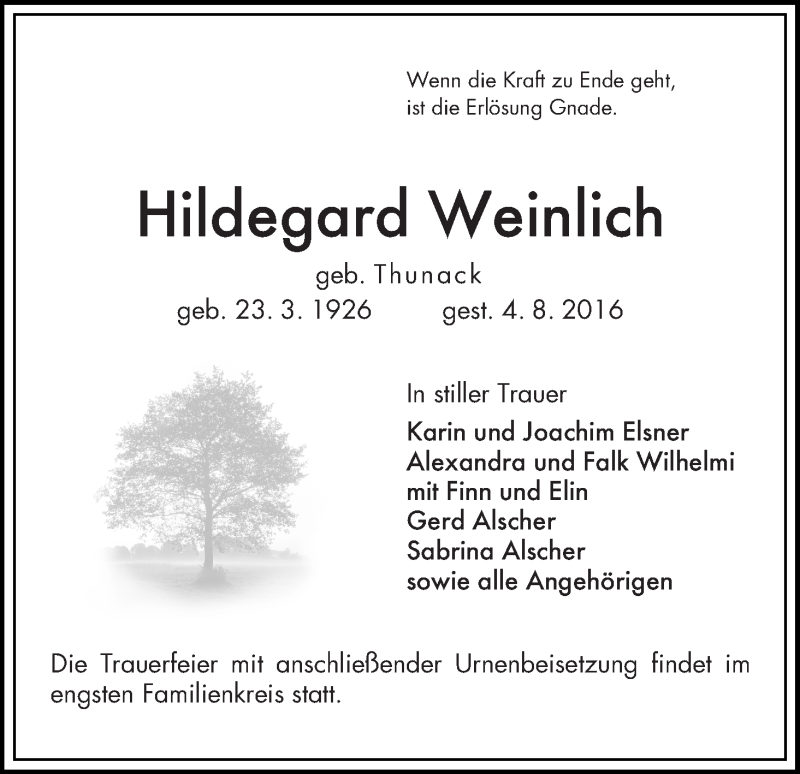 Traueranzeige von Hildegard Weinlich von Die Norddeutsche