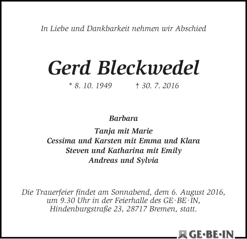 Traueranzeige von Gerd Bleckwedel von WESER-KURIER