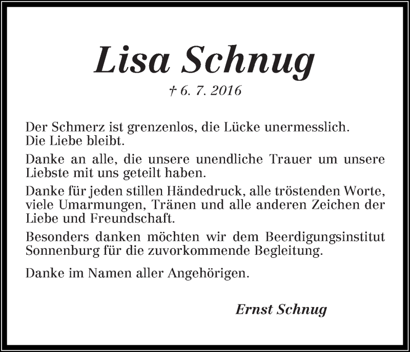 Traueranzeige von Lisa Schnug von Die Norddeutsche