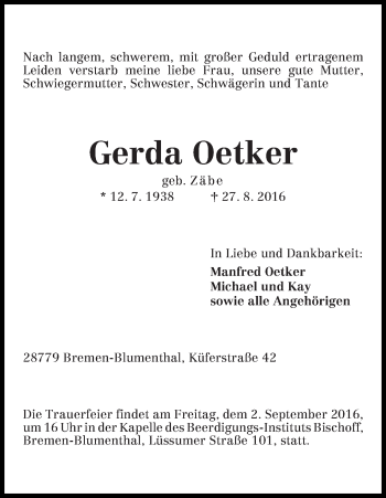 Traueranzeige von Gerda Oetker