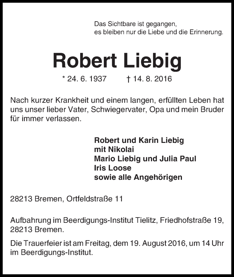 Traueranzeige von Robert Liebig von WESER-KURIER