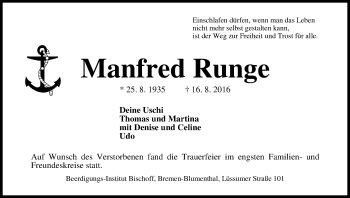 Traueranzeige von Manfred Runge
