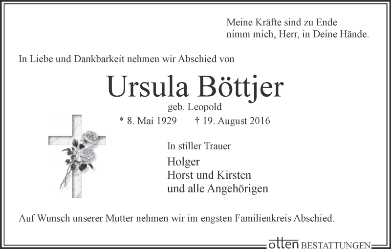 Traueranzeige von Ursula Böttjer von Osterholzer Kreisblatt