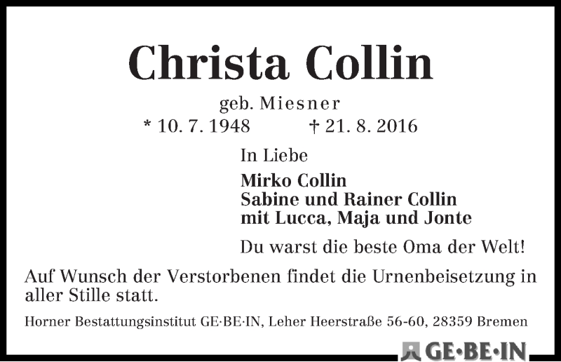 Traueranzeige von Christa Collin von WESER-KURIER