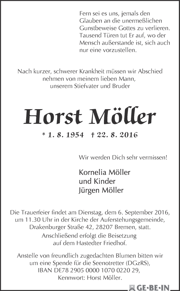 Traueranzeige von Horst Möller von WESER-KURIER