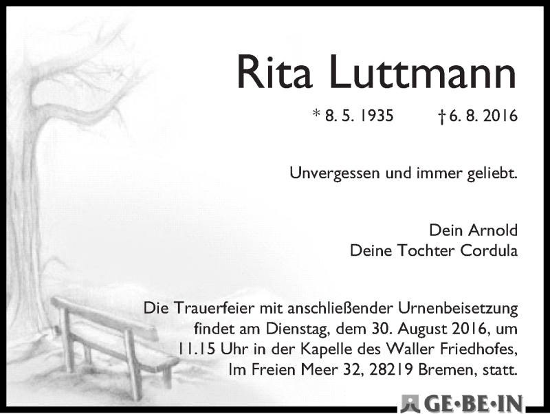 Traueranzeige von Rita Luttmann von WESER-KURIER