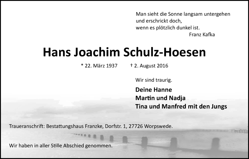 Traueranzeige von Hans Joachim Schulz-Hoesen von WESER-KURIER