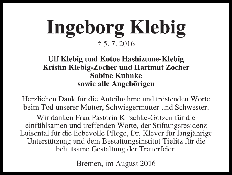 Traueranzeige von Ingeborg Klebig von WESER-KURIER