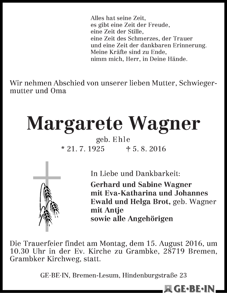Traueranzeige von Margarete Wagner von Die Norddeutsche