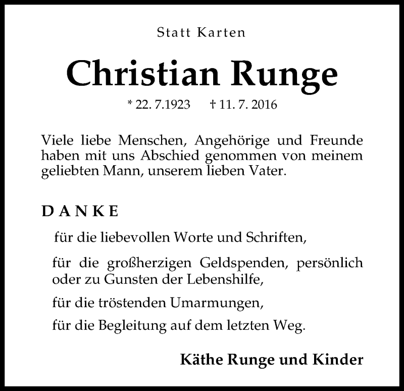 Traueranzeige von Christian Runge von Osterholzer Kreisblatt