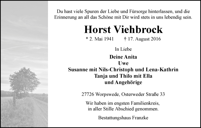 Traueranzeige von Horst Viehbrock von Wuemme Zeitung